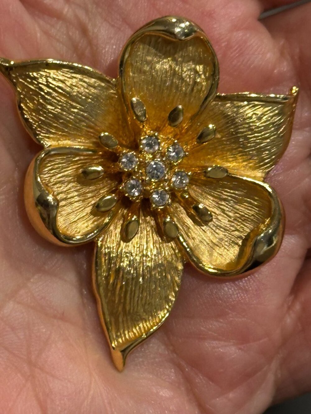 Vintage Brooch Gold Tone Clear Rhinestone Flower Pin, Pendant Designer